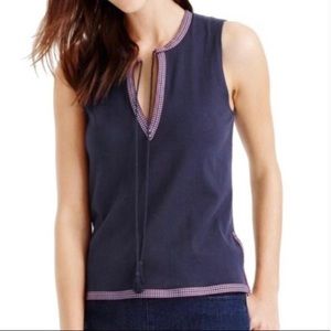 J Crew Navy Embroidered Trim Top Sz L